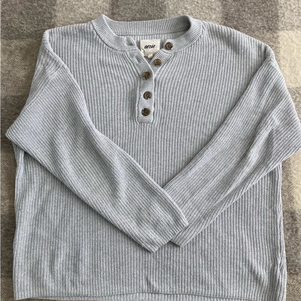 Aerie Oversized Henley Sweater, Color: Medium Heather Gray, Size: S